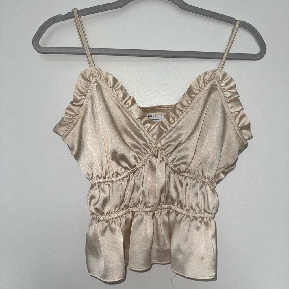 Cream Satin Ruffle Top ASOS